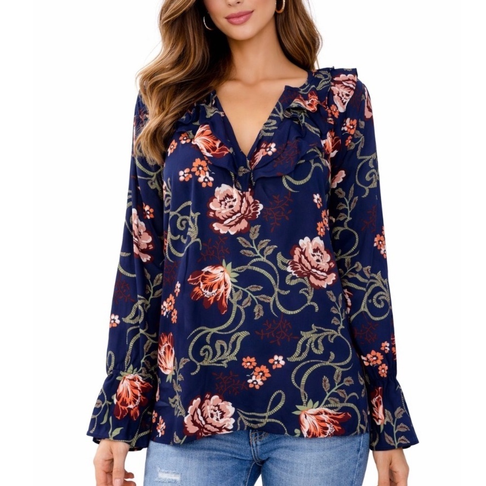 LOFT blouse top navy blue floral print V-neck ruffle trim trumpet sleeve SZ SM